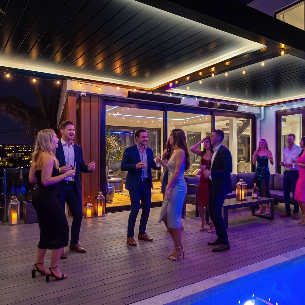 EXO louvre outdoor living space with integrated sound system